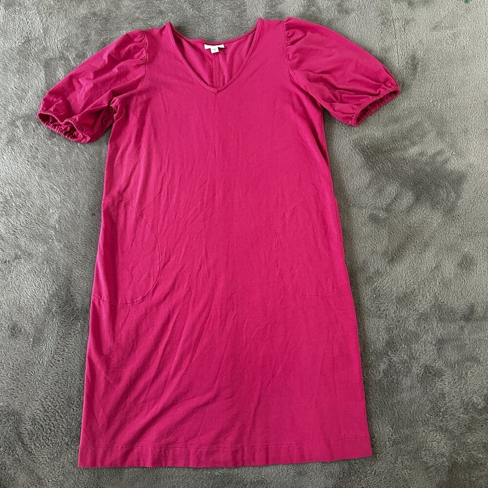 J. Jill XS Pink Cotton Modal Puffed Sleeve V-Neck Shift Dress Pockets Stretch